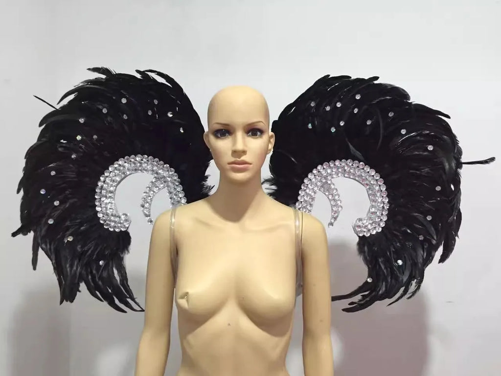 Showgirl Feather Wing Backpiece with Rhinestone Scroll Frames