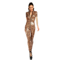 Leopard Print Open Crotch Wet-Look Faux Leather Jumpsuit Stage Cat-Suit Costume