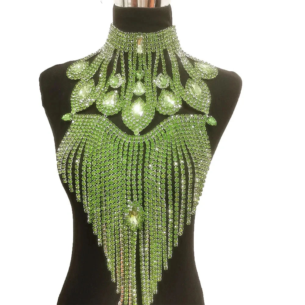 Long Rhinestone Tassel Fringe Crystal Drop Chocker Necklace Body Jewelry