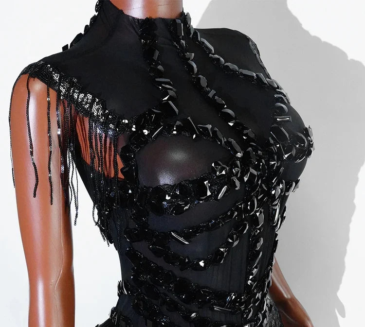 The Stardust Midnight Cabaret Bodysuit – Luxury Rhinestone & Mesh Showgirl Costume