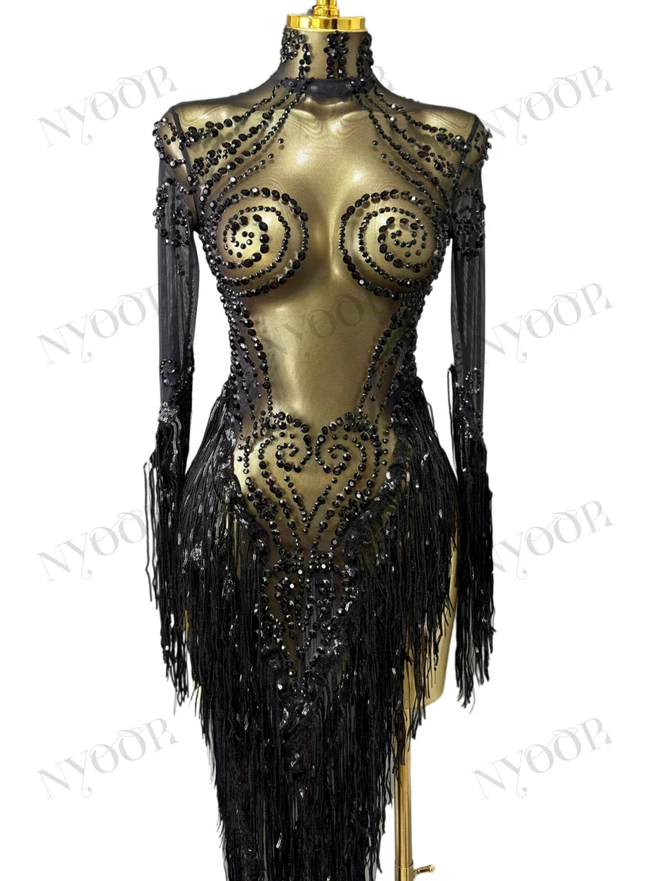 Black Rhinestone Fringe Illusion Mini Dress Sparkly Stage Dance Costume