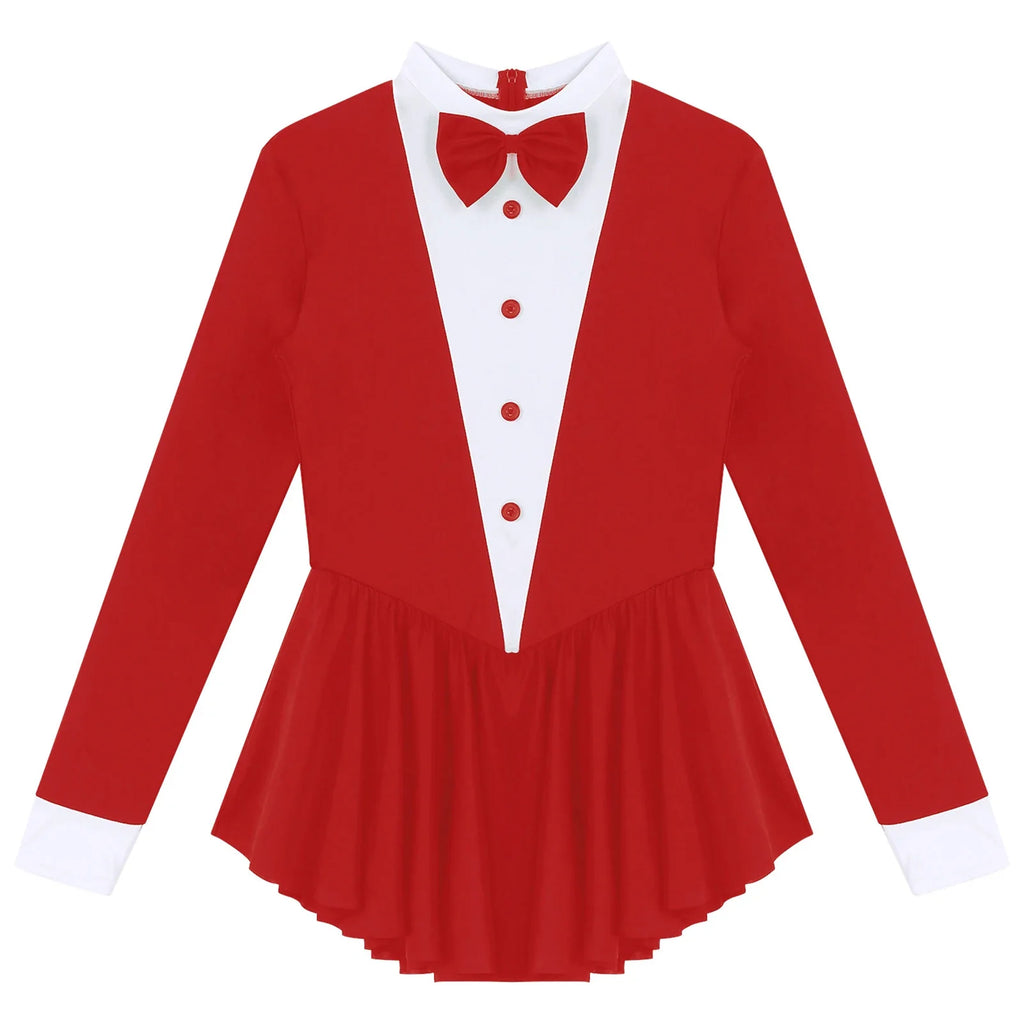 Tuxedo Bowknot Long Sleeve Ruffle Leotard Dress Magician Costume