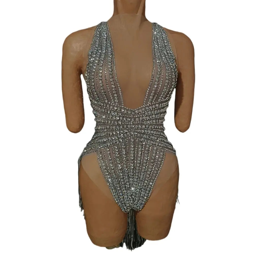 The Stardust Lumina Illusion – Silver Rhinestone & Tassel Performance Bodysuit
