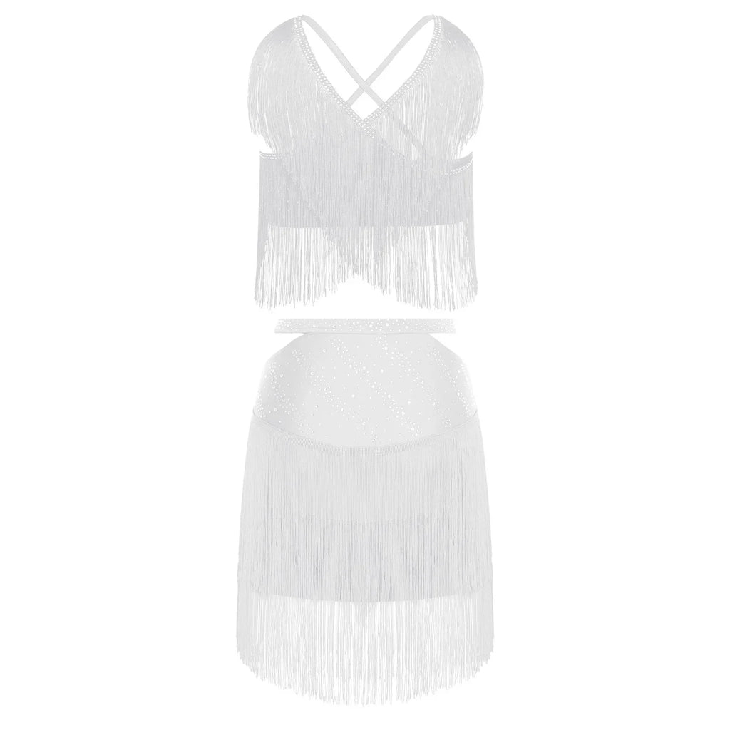 Sparkly Rhinestone & Tassel Fringe Two-Piece Latin Tango Dance Outfit Set
