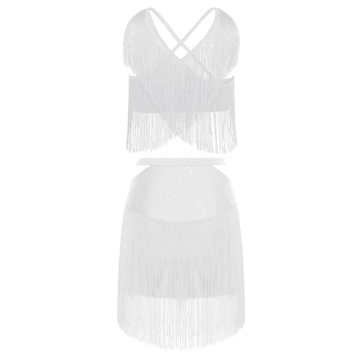 Sparkly Rhinestone & Tassel Fringe Two-Piece Latin Tango Dance Outfit Set