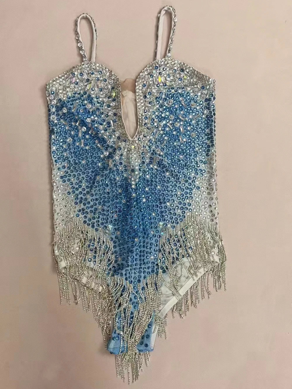 Rhinestone Fringe Bodysuit with Deep V Mesh Insert