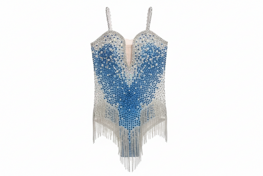 Rhinestone Fringe Bodysuit with Deep V Mesh Insert
