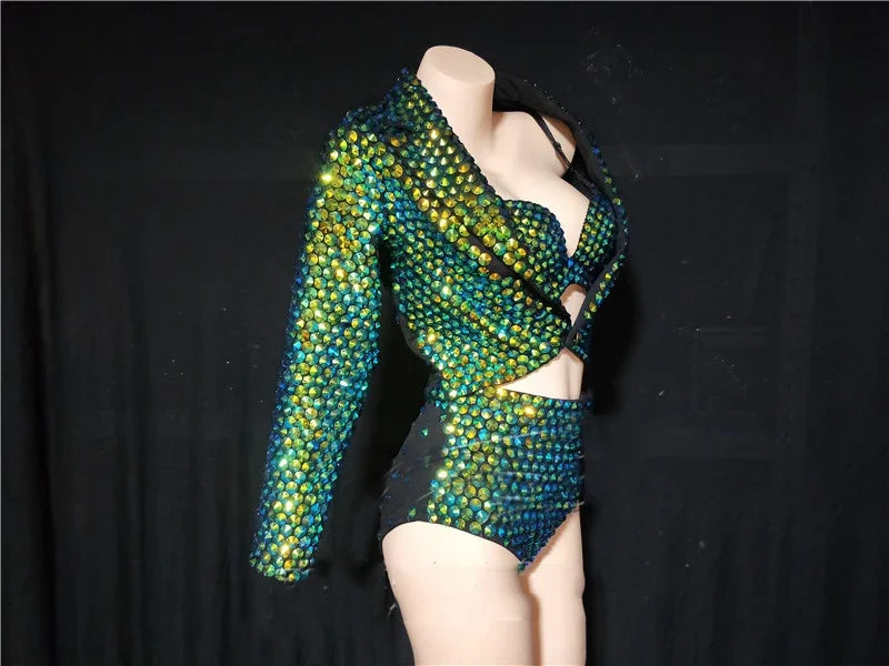 The Stardust Emerald Siren 3-Piece Suit – Luxury Rhinestone Cabaret Ensemble