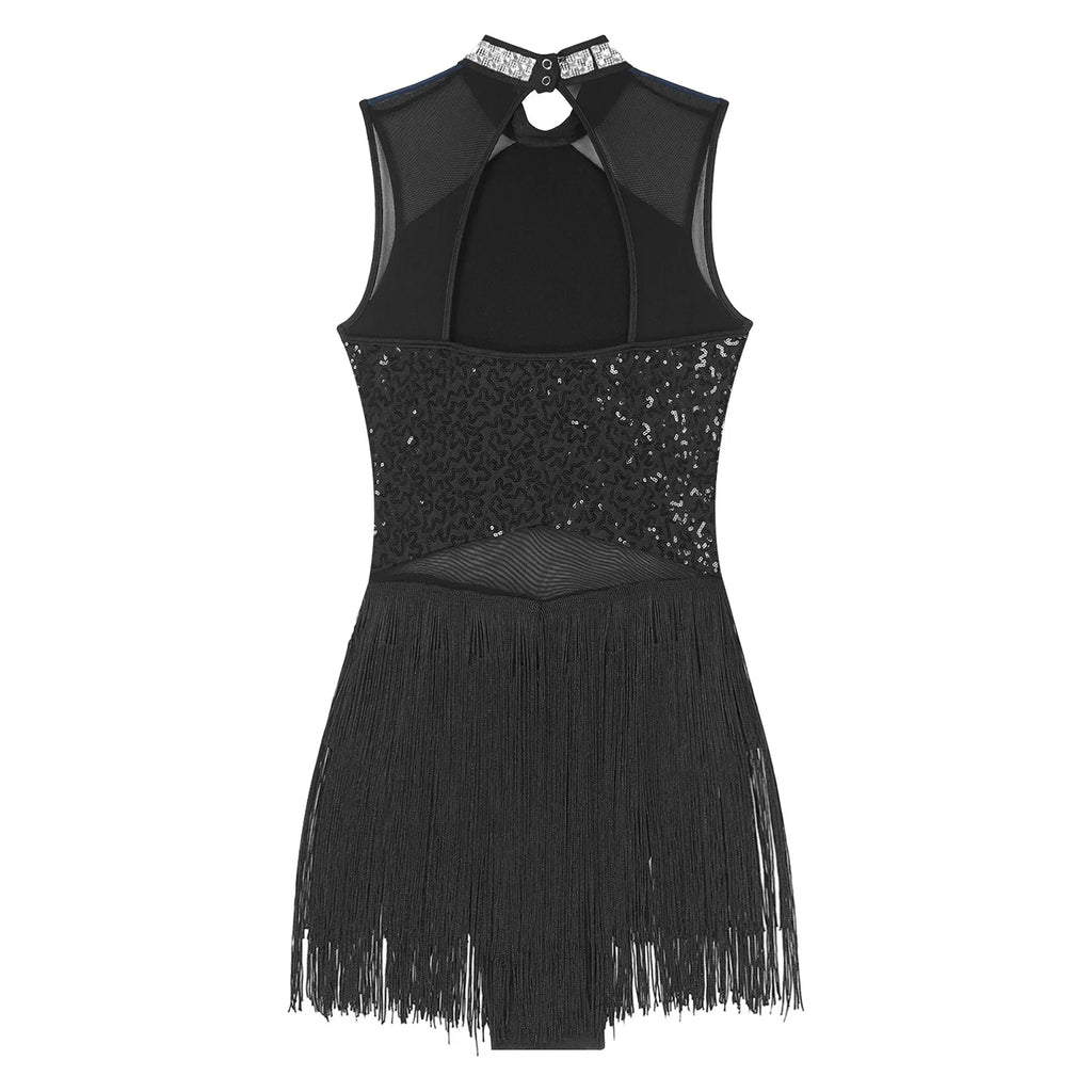Sparkly Sequin & Fringe Dance Dress with Gloves Latin Stage Performance Costume