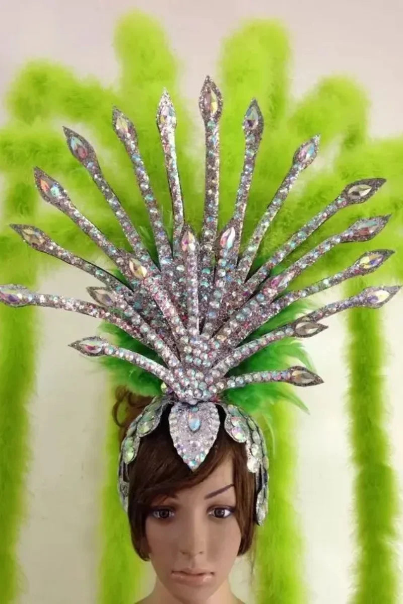 The Stardust Extravaganza Carnival Headdress – Rhinestone & Feather Showgirl Crown