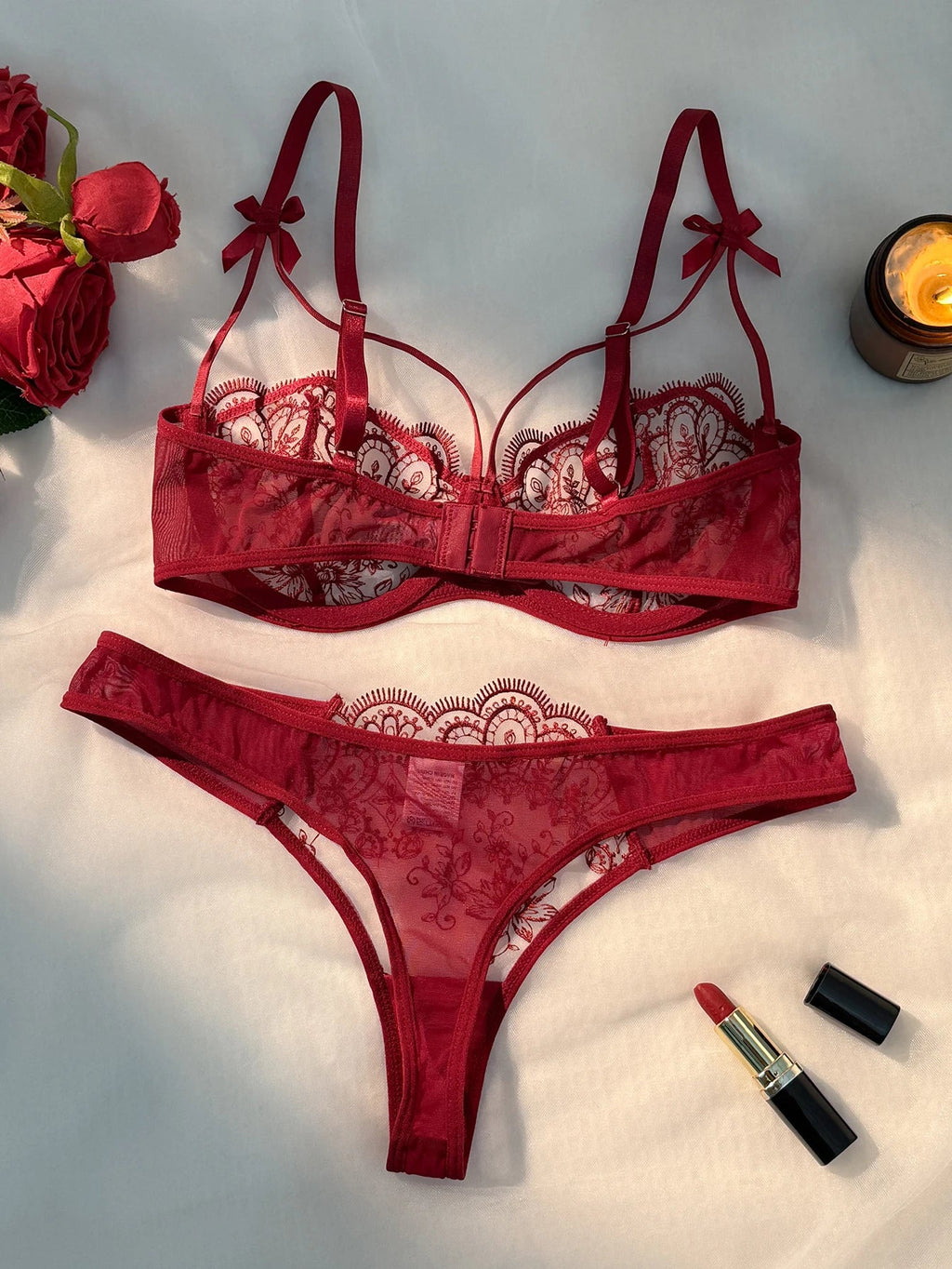 WineRed French-style floral embroidery lace lingerie set, sexy see-through padded support, Valentine's Day party ZA824057