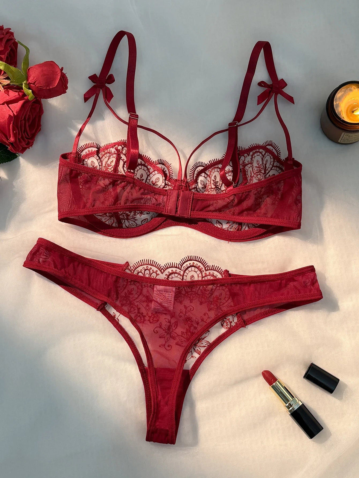 WineRed French-style floral embroidery lace lingerie set, sexy see-through padded support, Valentine's Day party ZA824057