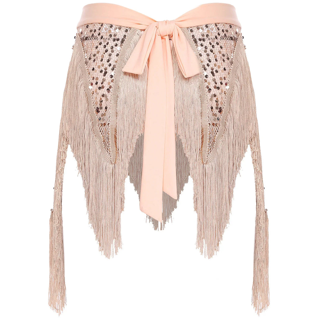 Glitter Sequin Fishnet Mesh Hip Scarf & Tassel Waist Wrap Belly Dance Skirt