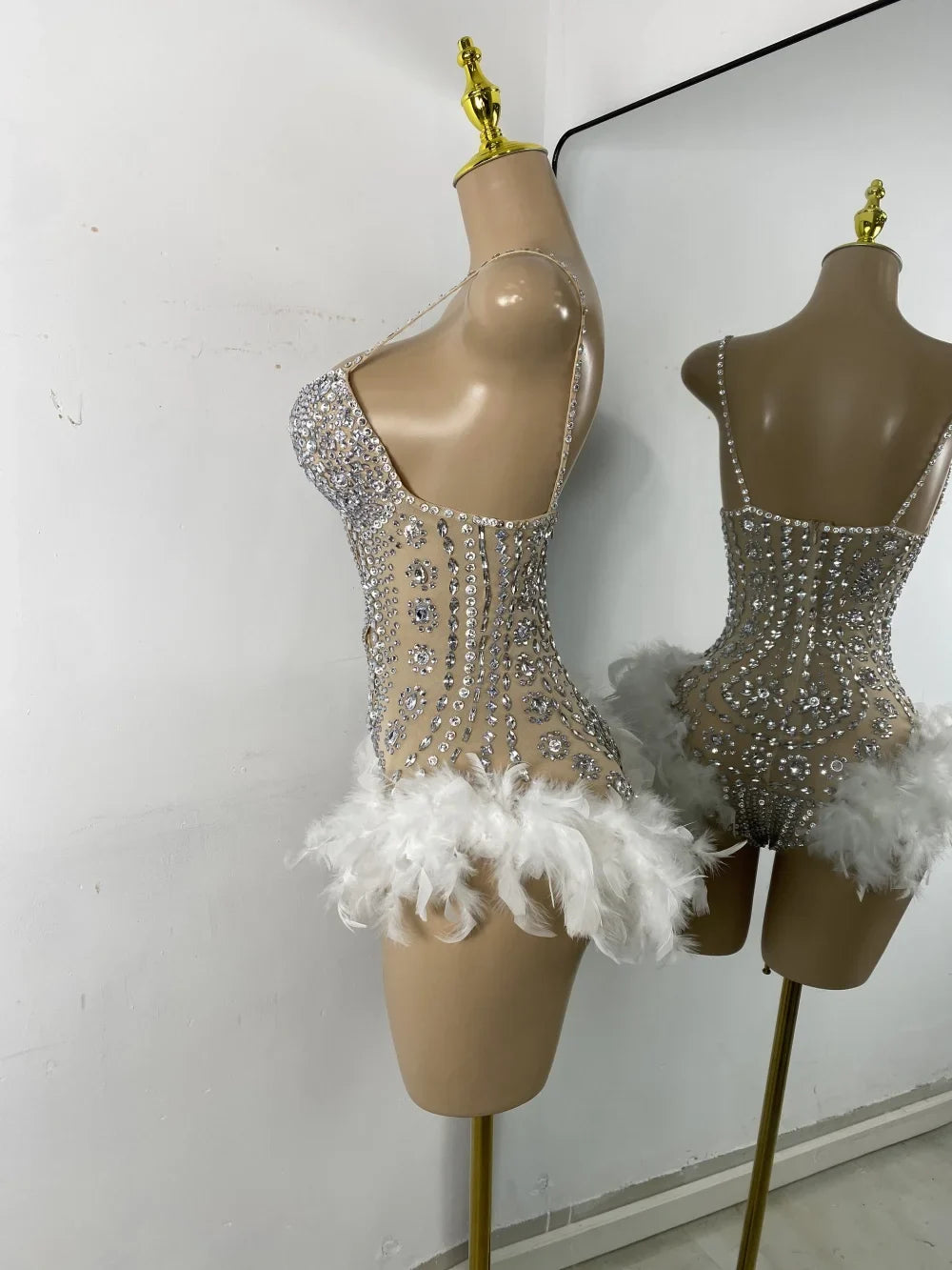 The Stardust Follies Feather Bodysuit – Luxury Rhinestone & Mesh Showgirl Costume