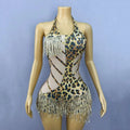 Sexy Backless Halter Leopard Fringe Bodysuit Women Bar Party Crystal Tassel Leotard Singer Concert Performance Dance Costume