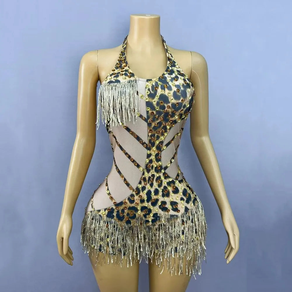 Sexy Backless Halter Leopard Fringe Bodysuit Women Bar Party Crystal Tassel Leotard Singer Concert Performance Dance Costume