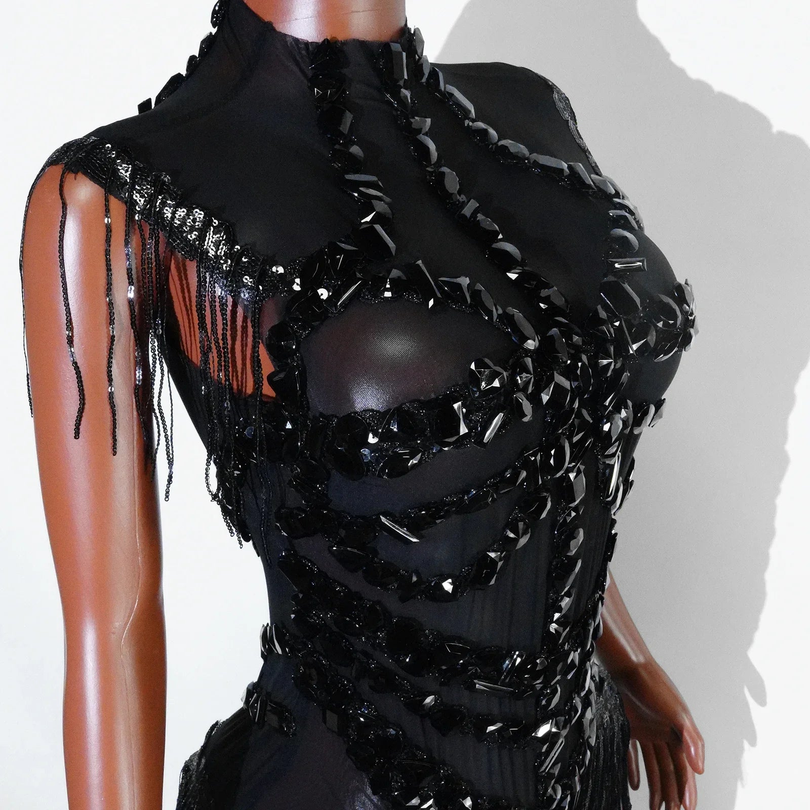 The Stardust Midnight Cabaret Bodysuit – Luxury Rhinestone & Mesh Showgirl Costume