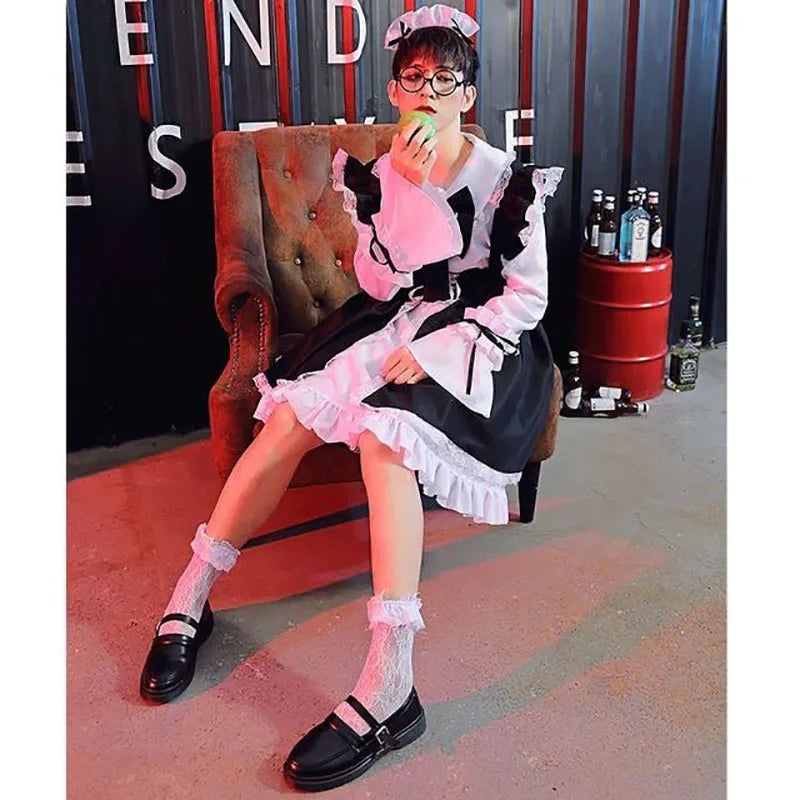 Women Maid Lolita Cosplay Costume – Black & White Apron Dress