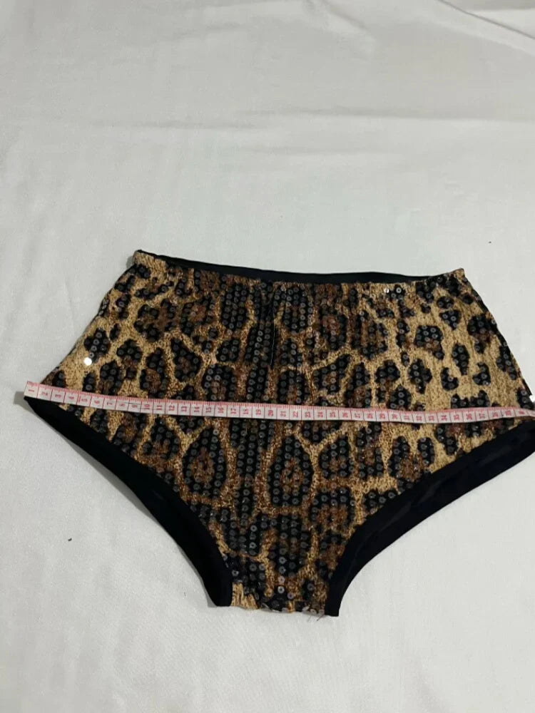 Sequined Top & High-Waist Leopard Print Shorts 2-Piece Gogo Dance Set