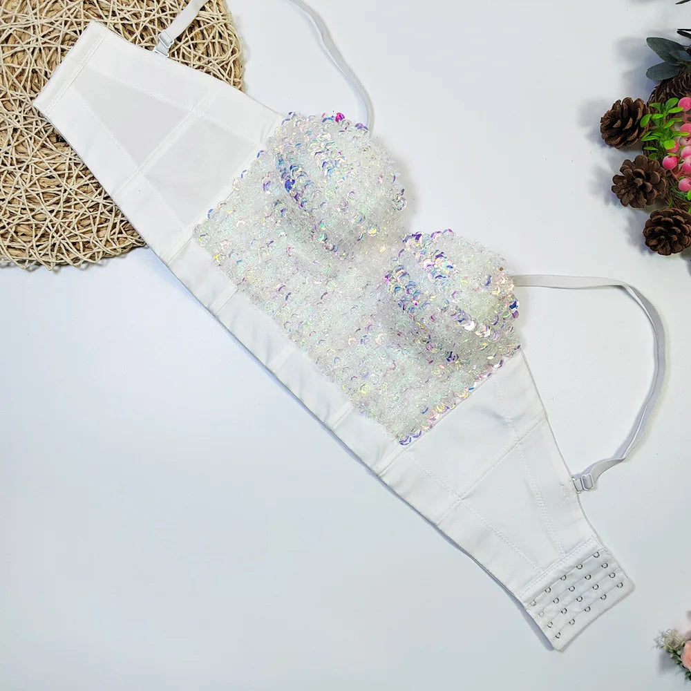 The Stardust Prism Siren – Sequined Glitter Bustier Corset Crop Top