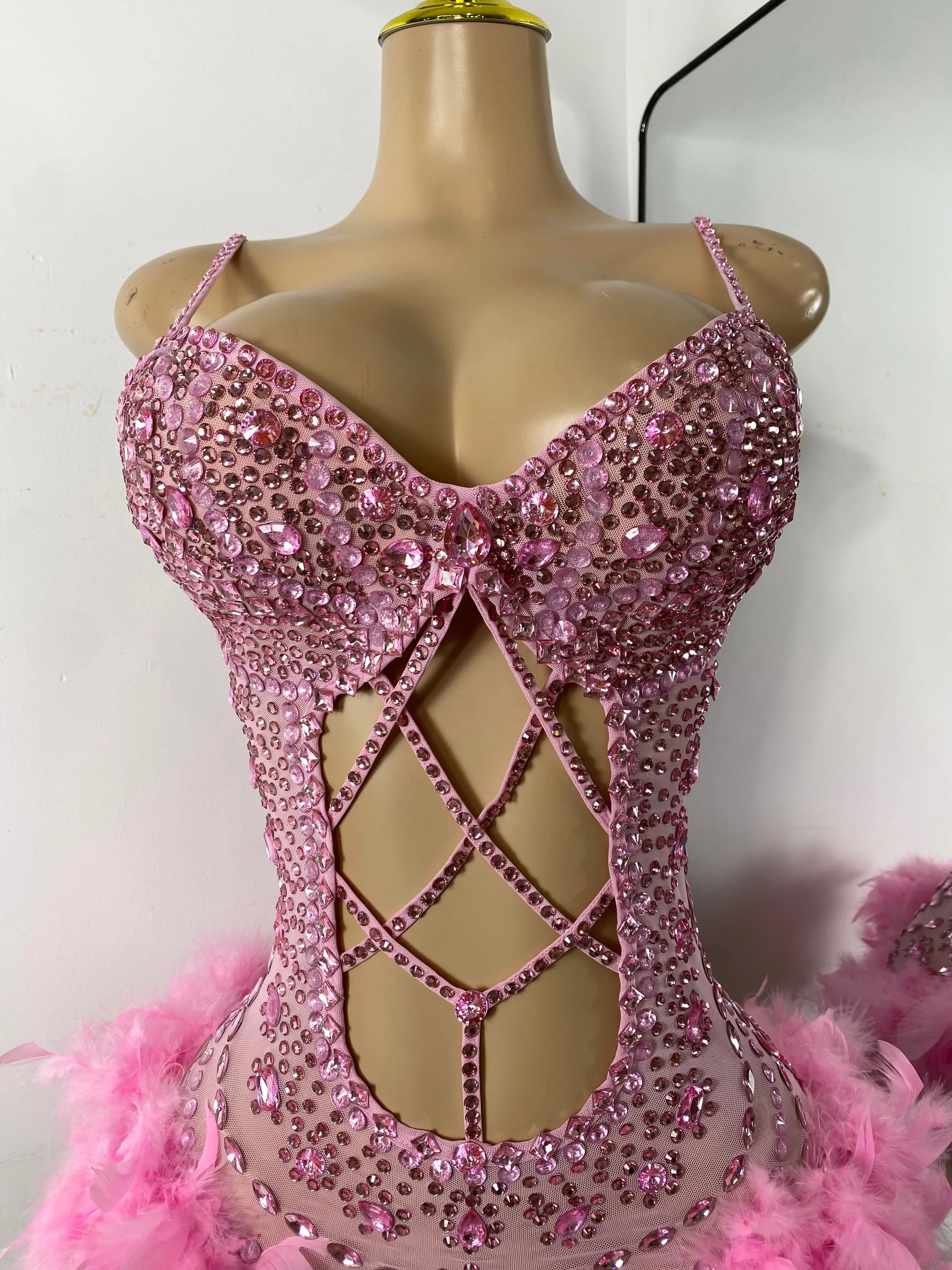 The Stardust Follies Feather Bodysuit – Luxury Rhinestone & Mesh Showgirl Costume