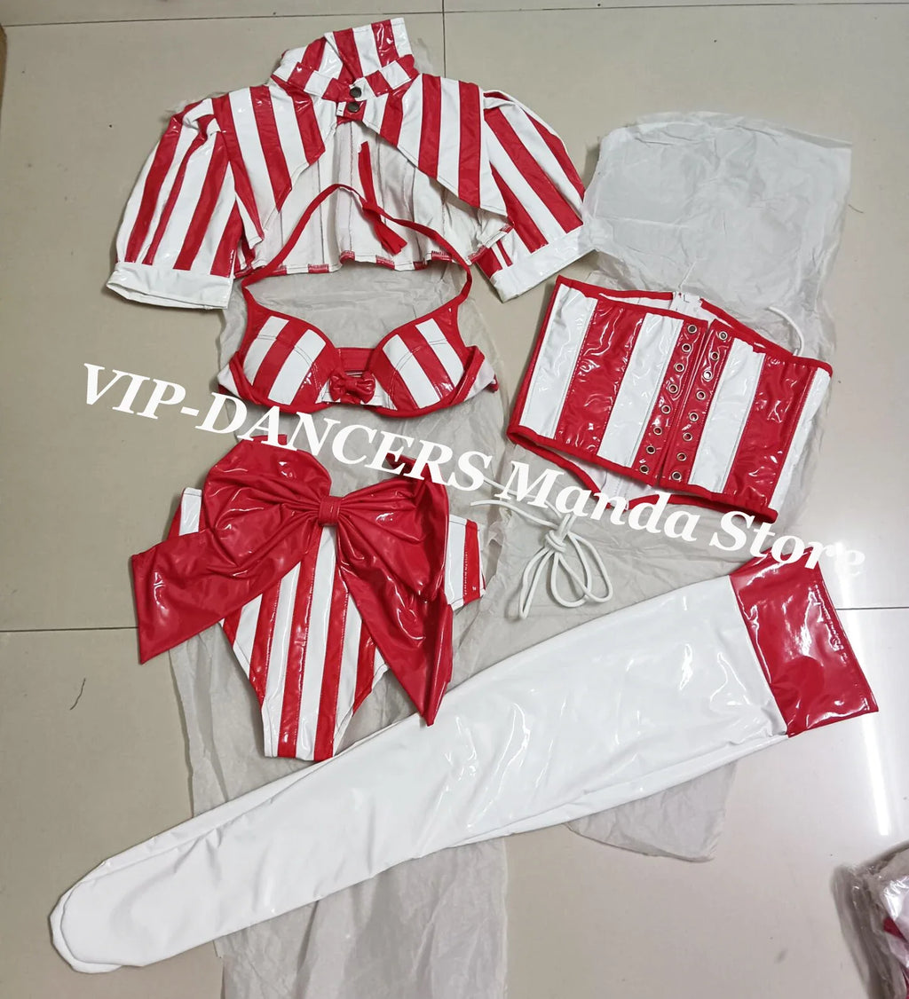 Red & White Striped Candy Cane Bikini & Girdle Gogo Performance Costume Set