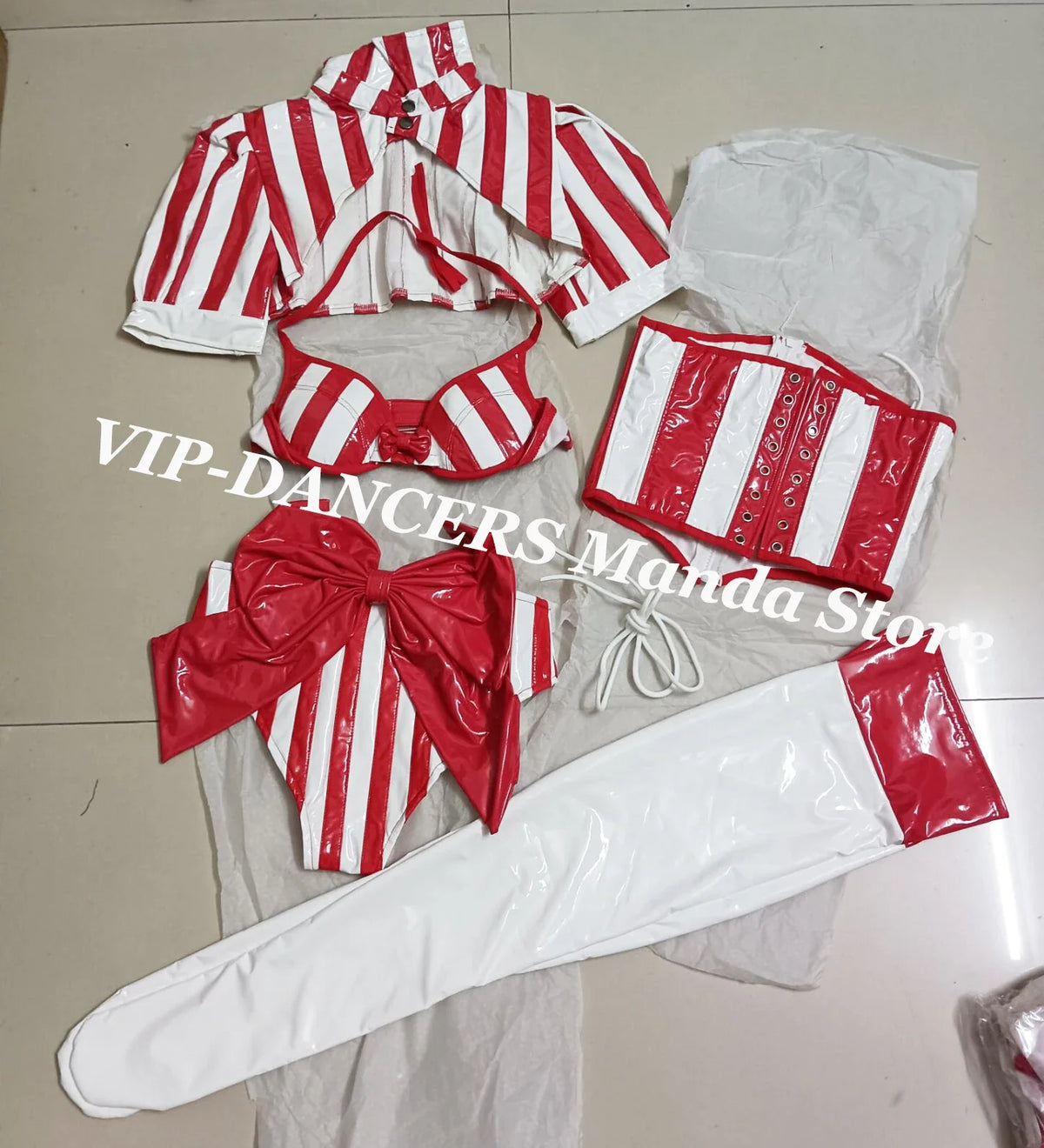 Red & White Striped Candy Cane Bikini & Girdle Gogo Performance Costume Set