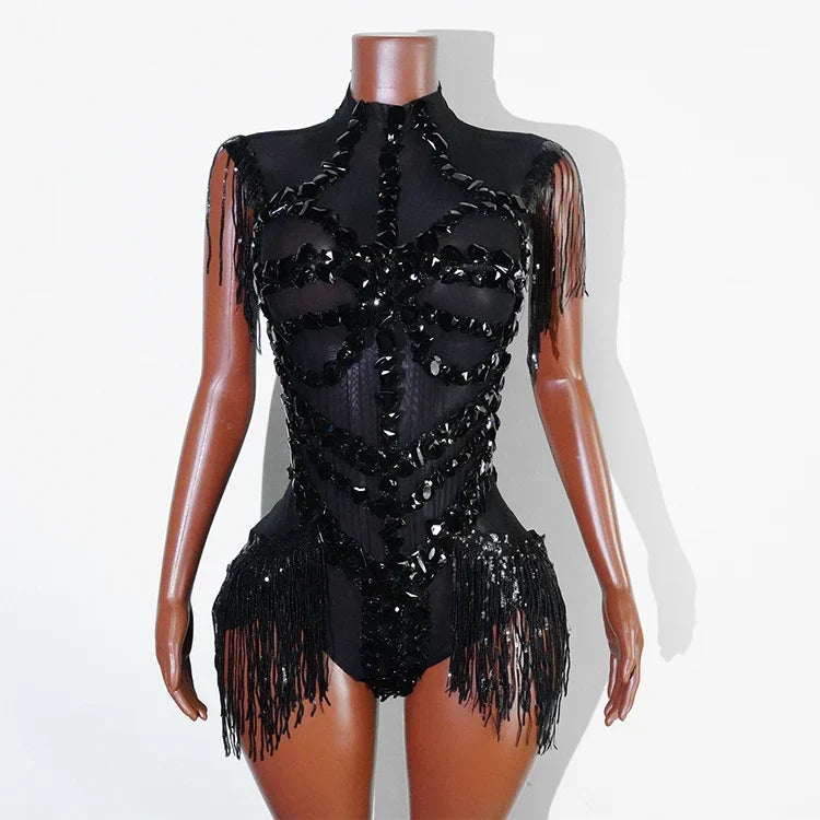 The Stardust Midnight Cabaret Bodysuit – Luxury Rhinestone & Mesh Showgirl Costume