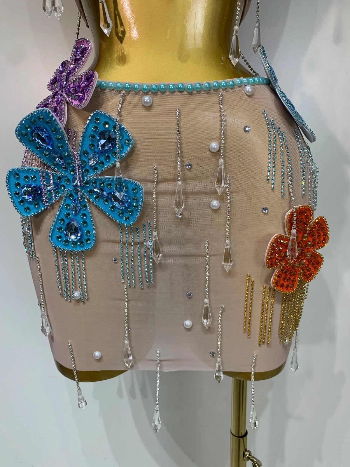 Colorful Rhinestone Pearl Sheer Dress & Two-Piece Mini Skirt Set Celebration Outfit