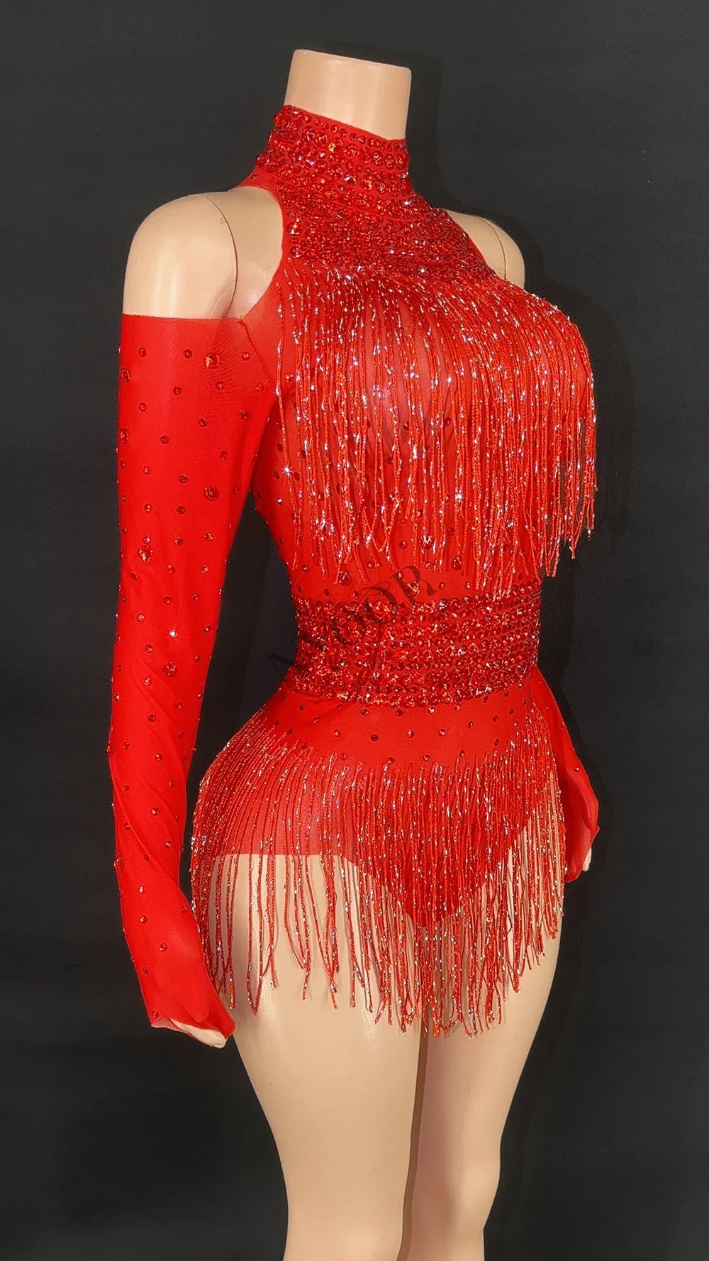 Sparkly Red Rhinestone & Fringe Long-Sleeve Mesh Bodysuit Dance Stage Costume