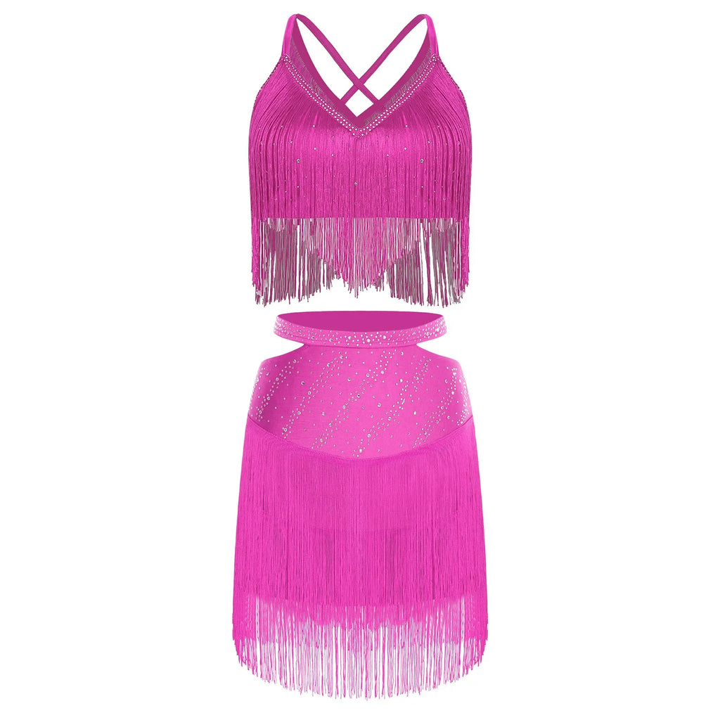 Sparkly Rhinestone & Tassel Fringe Two-Piece Latin Tango Dance Outfit Set