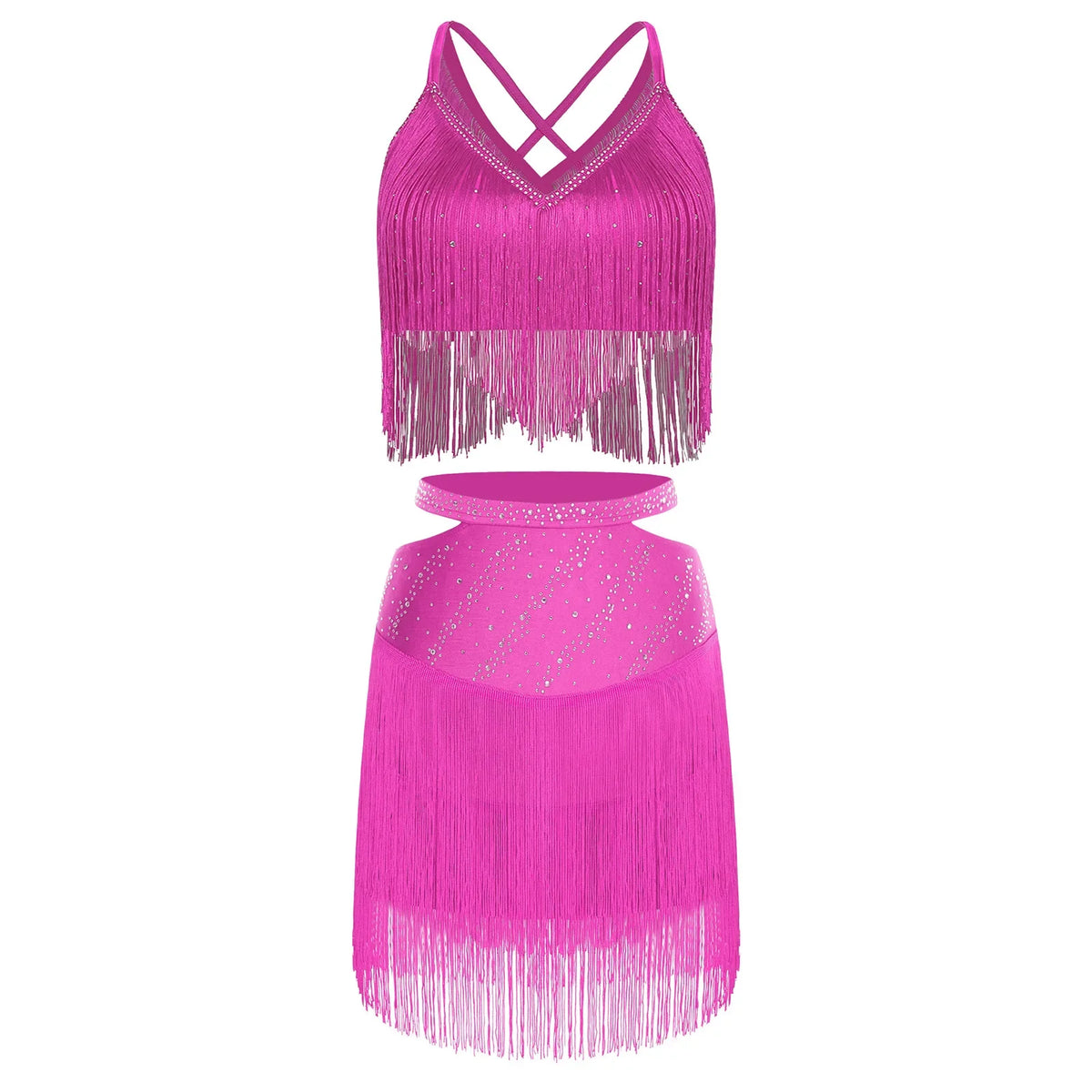 Sparkly Rhinestone & Tassel Fringe Two-Piece Latin Tango Dance Outfit Set