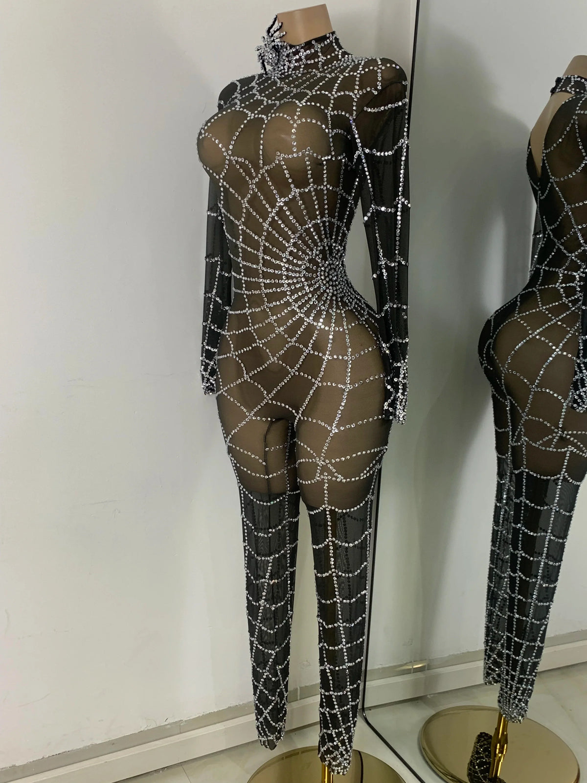 Black Spider Mesh Jumpsuit For Women Sexy Long Sleeve Performance Rompers Dance Show Stage Costume