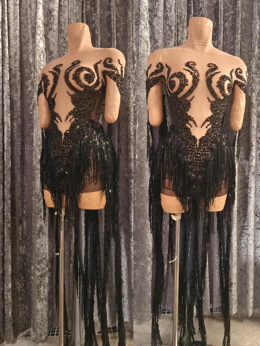 Sparkly Black Rhinestone Tassel Stage Performance Mini Dress Birthday Party Gown