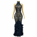 Sparkly Rhinestone Feather Sheer Mesh Evening Gown Stage Fashion Show Outfit
