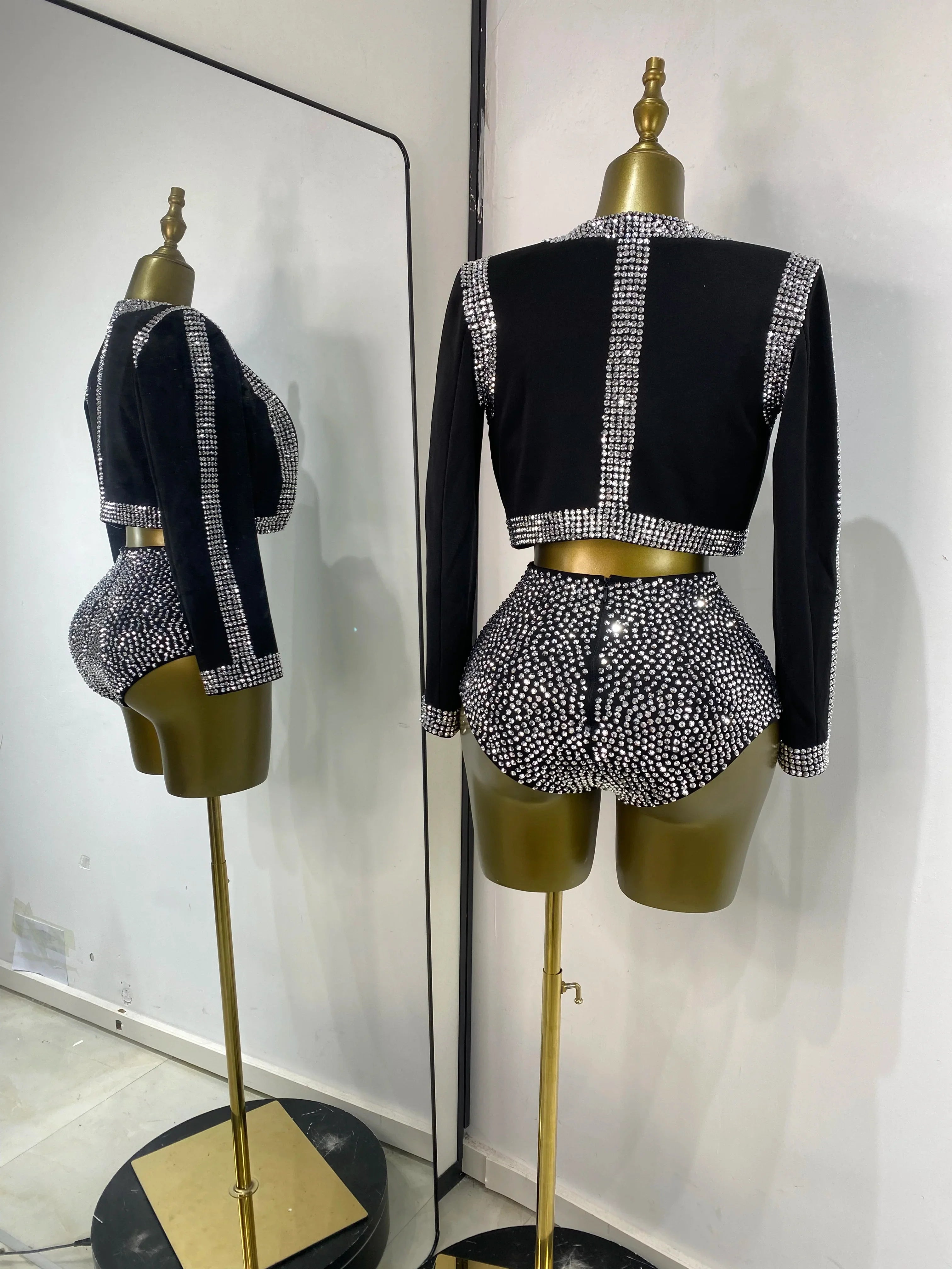 Rhinestone Bustier, High-Waist Mini Shorts & Cropped Jacket 3-Piece Performance Costume Set