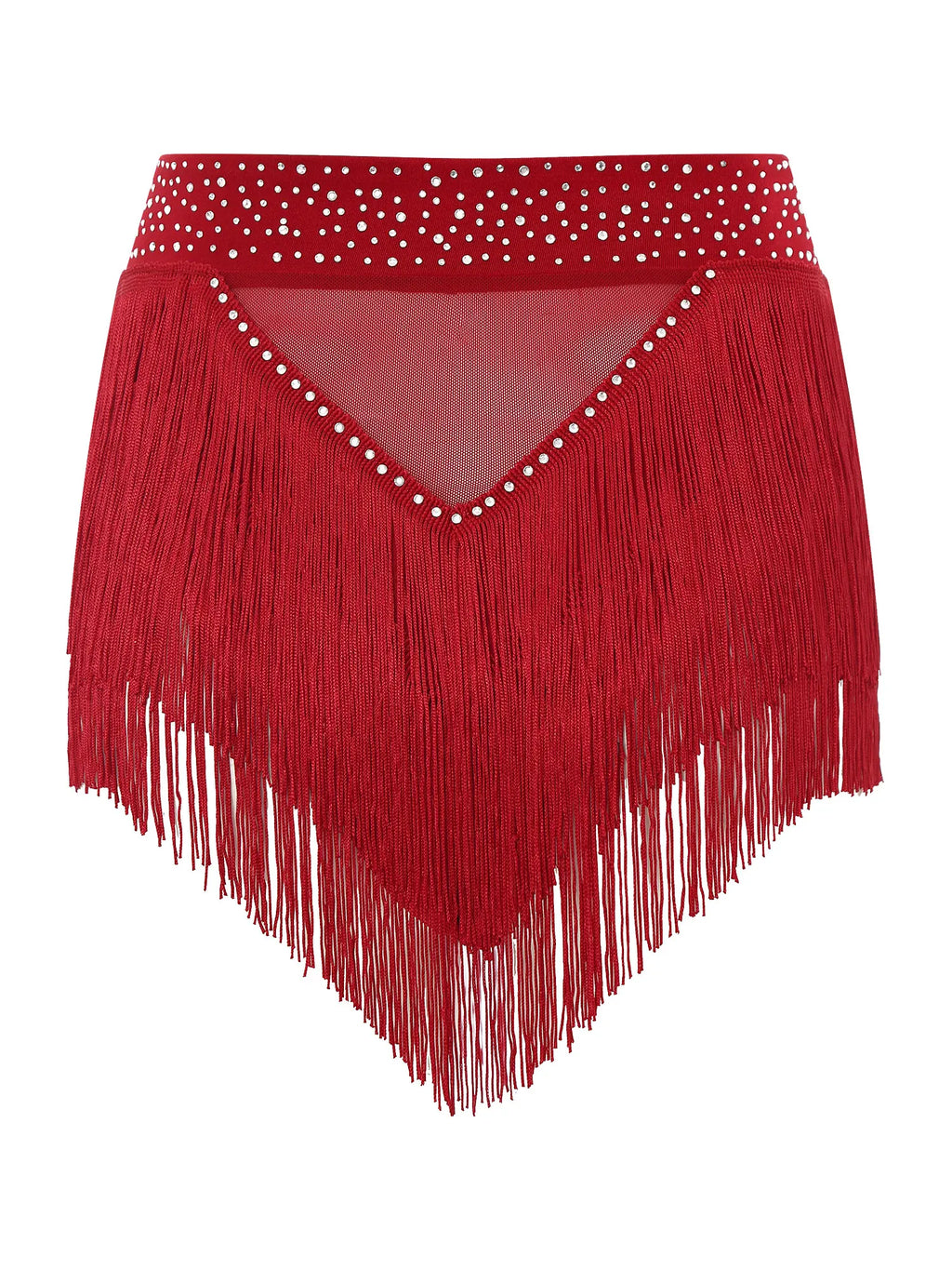 Rhinestone Tassel High-Waist Dance Shorts & Sheer Mesh Fringe Skirt