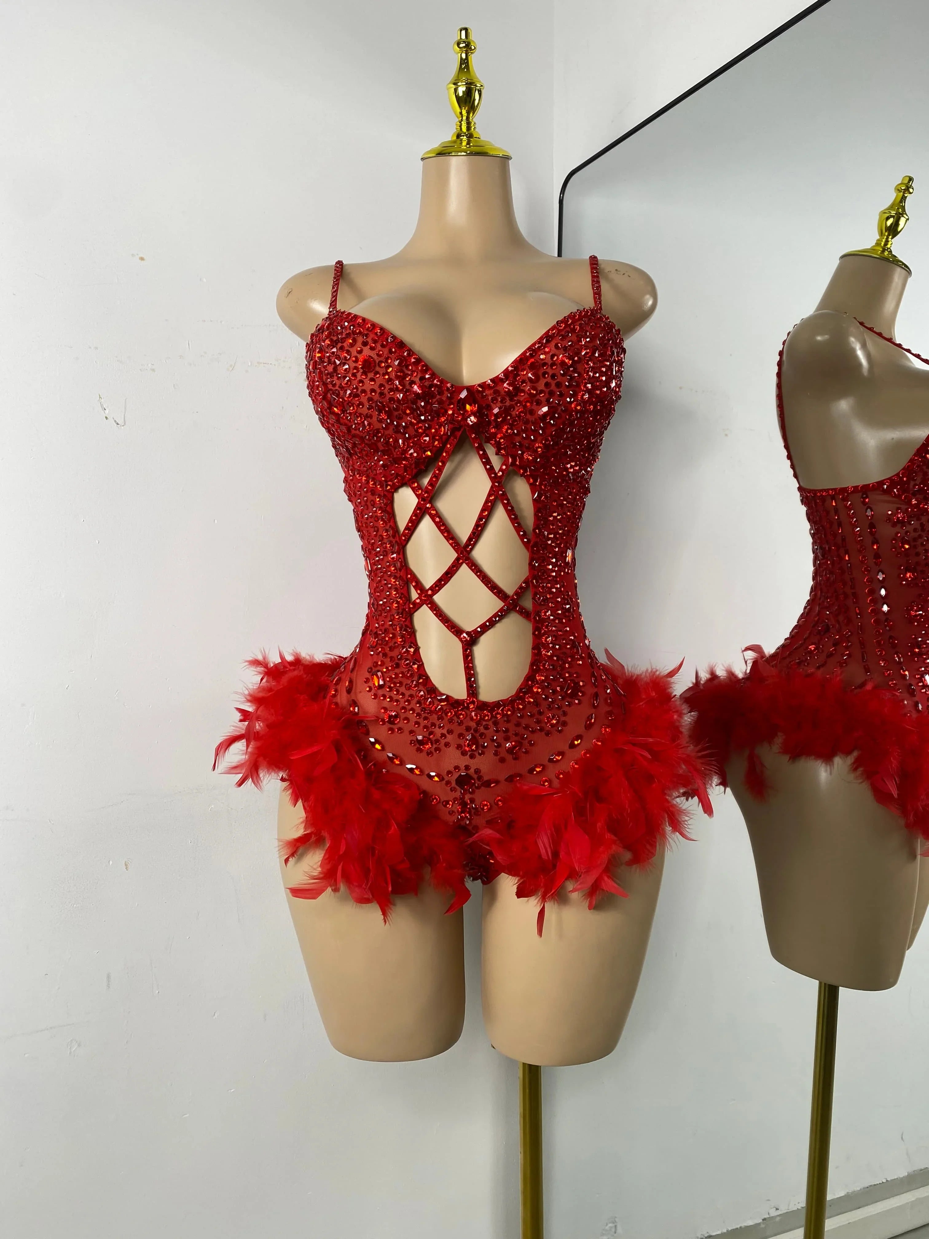The Stardust Follies Feather Bodysuit – Luxury Rhinestone & Mesh Showgirl Costume