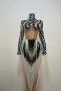 Sparkly Black & Silver Striped Sequin Long Sleeve Mini Skirt Set Costume