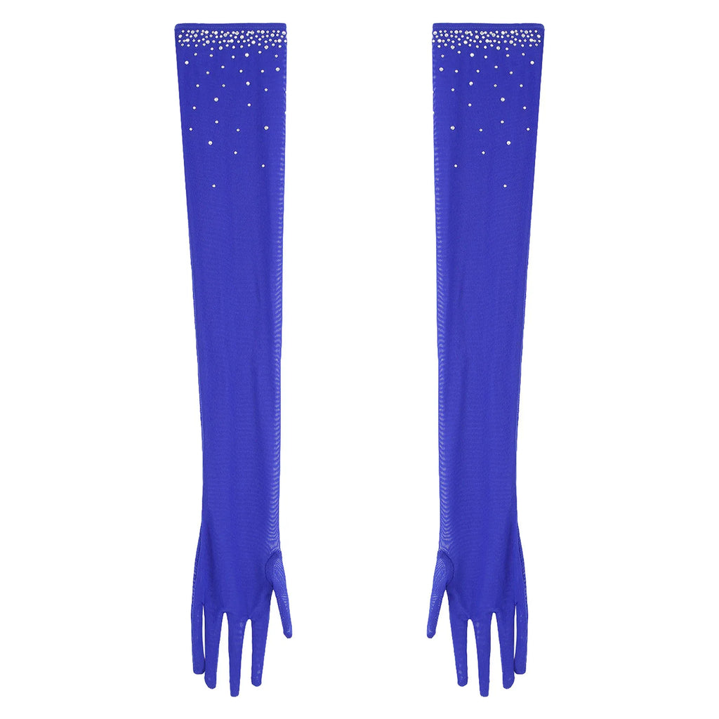 Rhinestone Latin Dance Dress, Mesh Tiered Tassel Bodysuit & Long Gloves Set