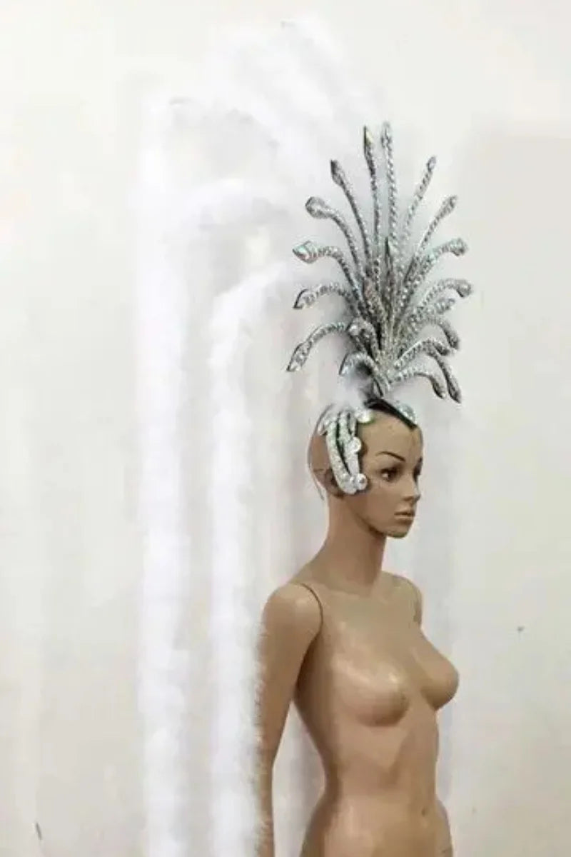 The Stardust Extravaganza Carnival Headdress – Rhinestone & Feather Showgirl Crown