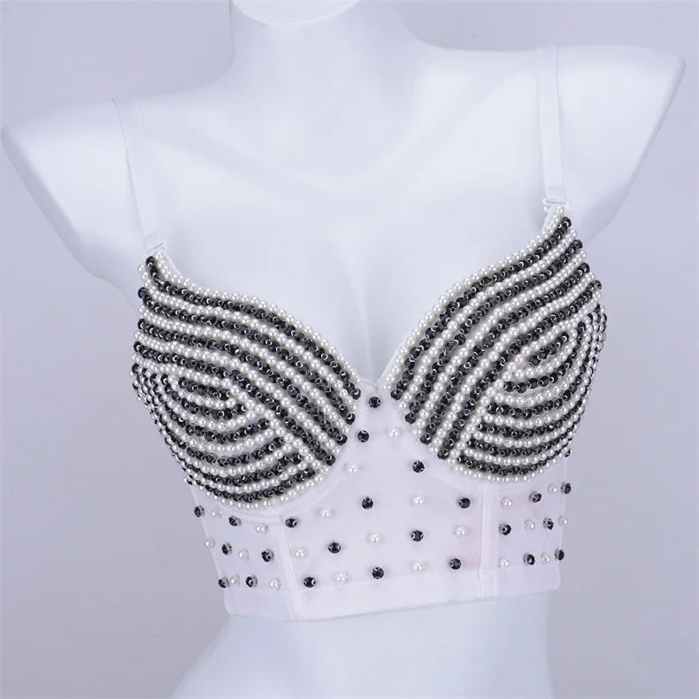 Rhinestone Beaded Bustier Corset Crop Top High Fashion Evening Party Bralette