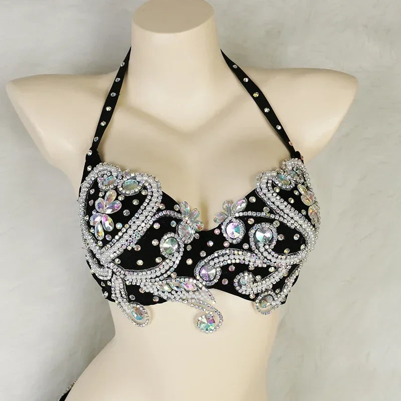 Dazzling Beaded Crystal Belly Dance Bra & Belt 2-Piece Costume Set