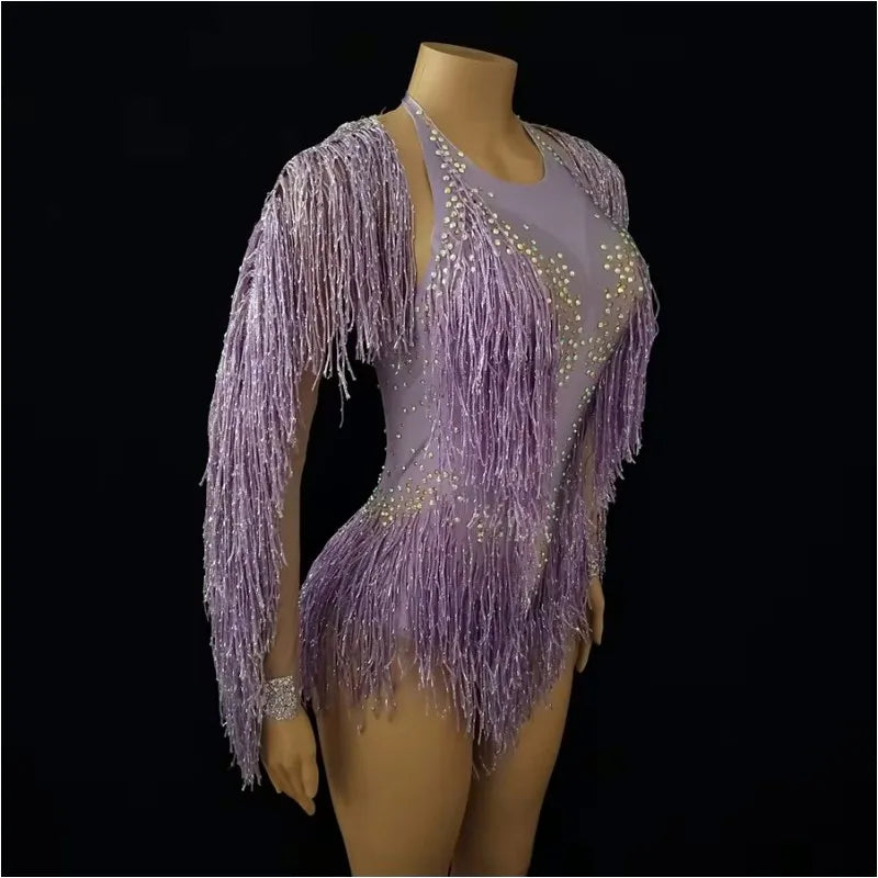 Sparkly Crystal Purple Tassel Showgirl Bodysuit Set – Glamour Stage Fringe Performance Costume