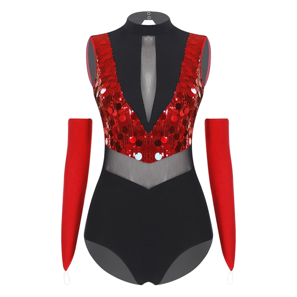 Sparkly Sequin Mock Neck Dance Leotard & Gloves Two-Piece Bodysuit Set