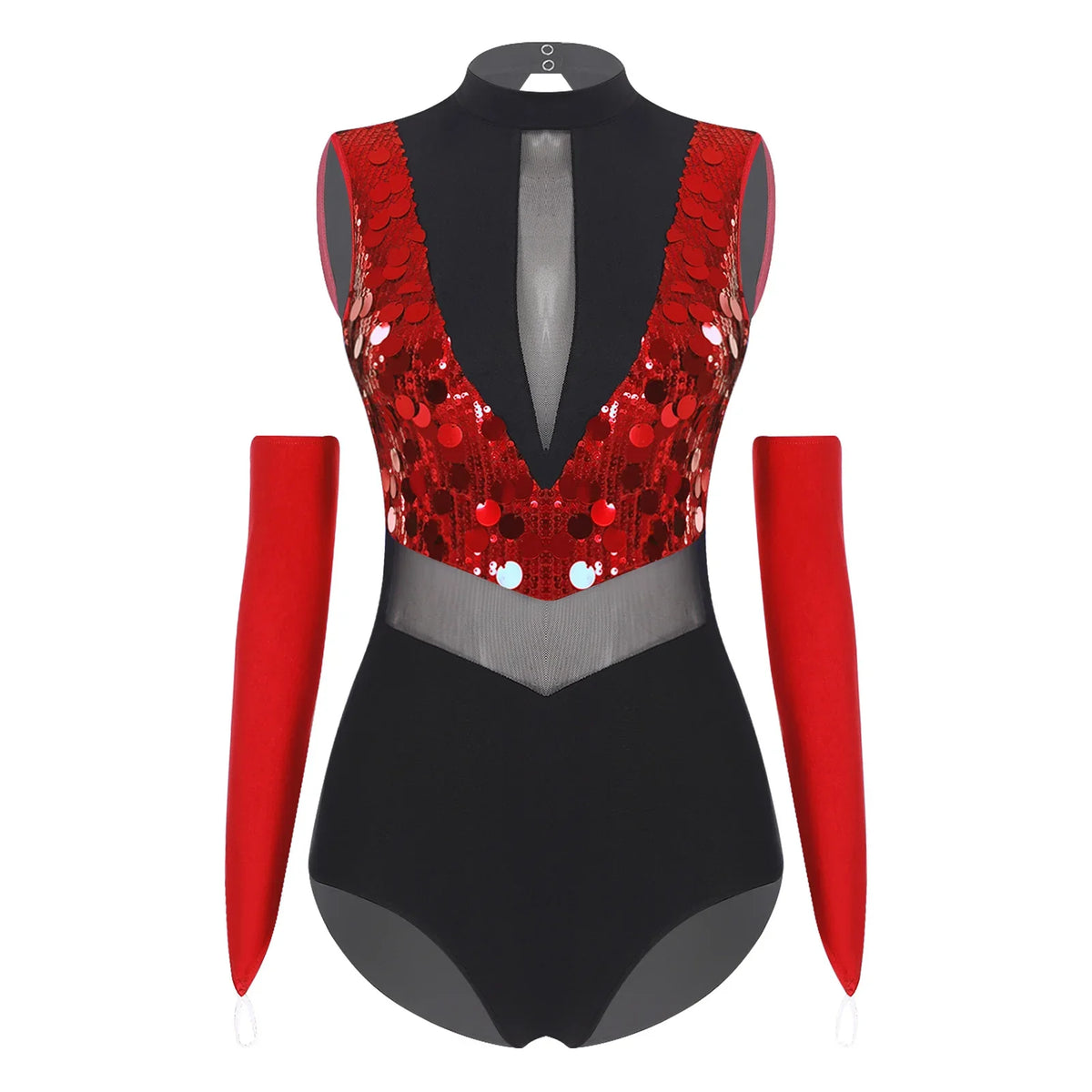 Sparkly Sequin Mock Neck Dance Leotard & Gloves Two-Piece Bodysuit Set