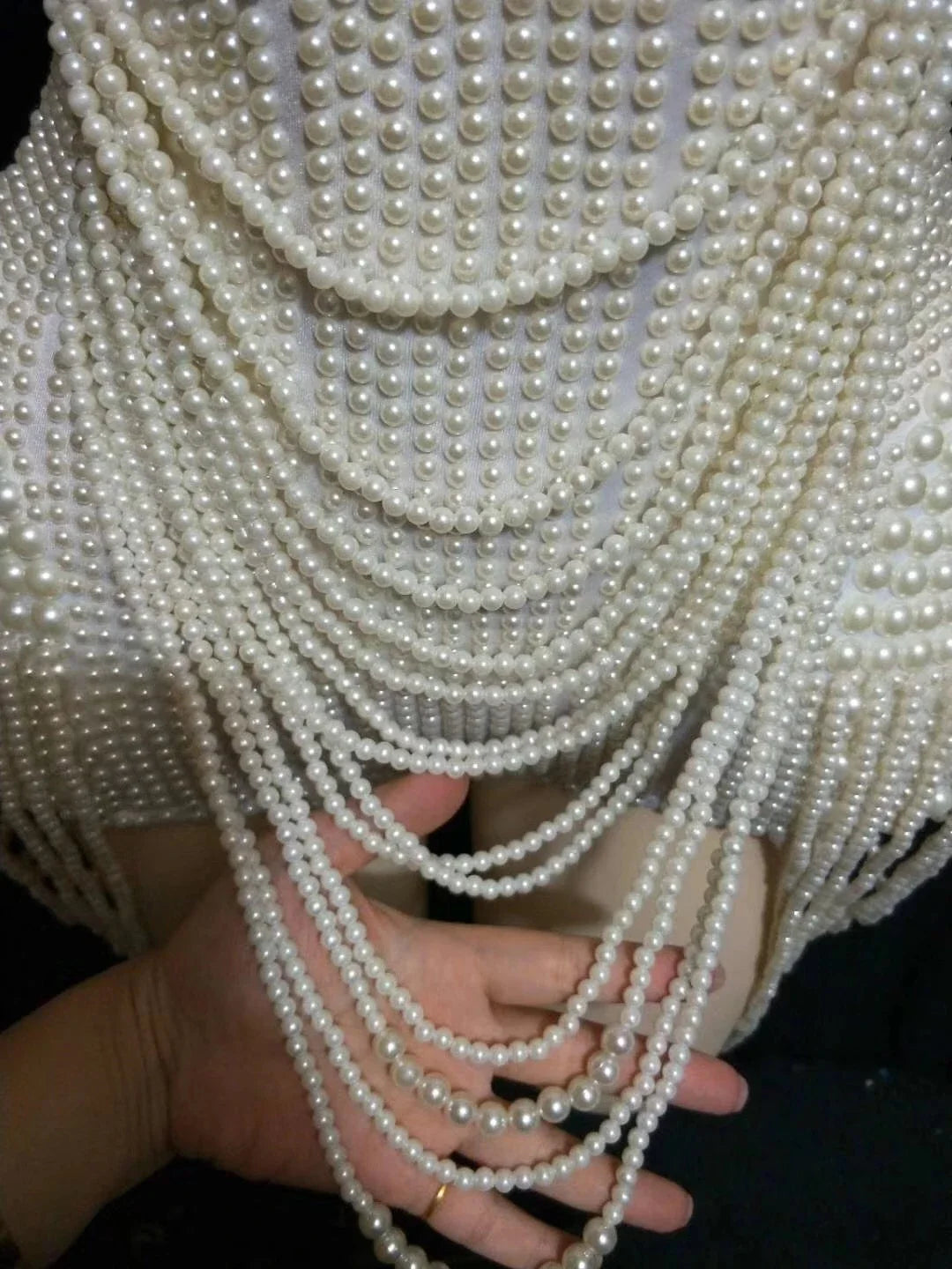 The Stardust Pearl Cascade Bodysuit – Luxury Beaded Tassel Showgirl Costume
