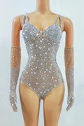 Sparkly Silver Crystal Rhinestone Bodysuit & Long Gloves Stage Costume Set