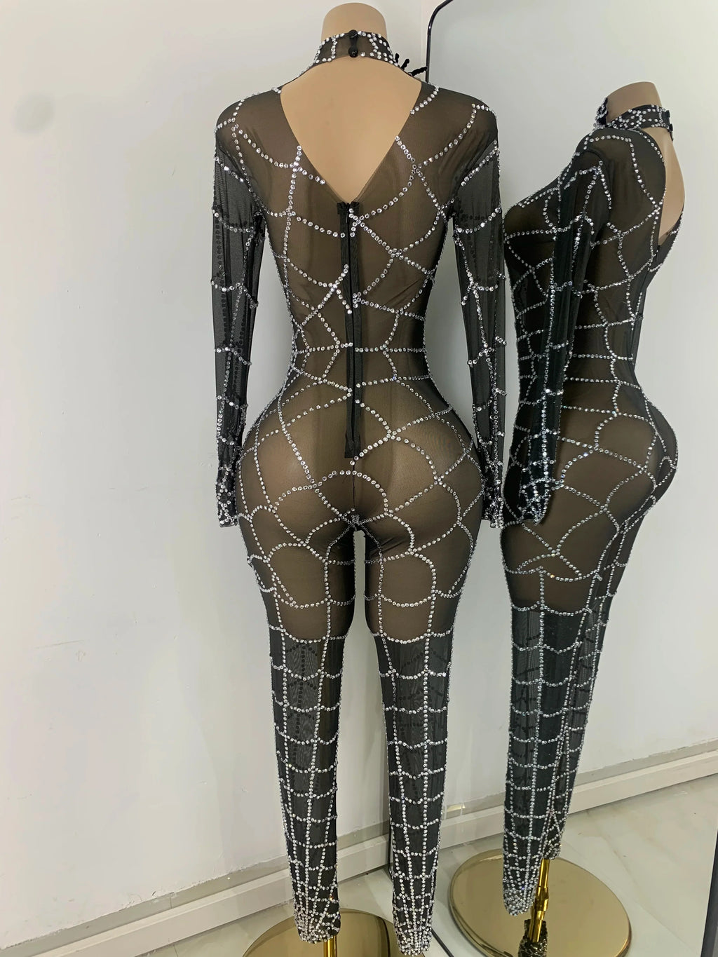 Black Spider Mesh Jumpsuit For Women Sexy Long Sleeve Performance Rompers Dance Show Stage Costume