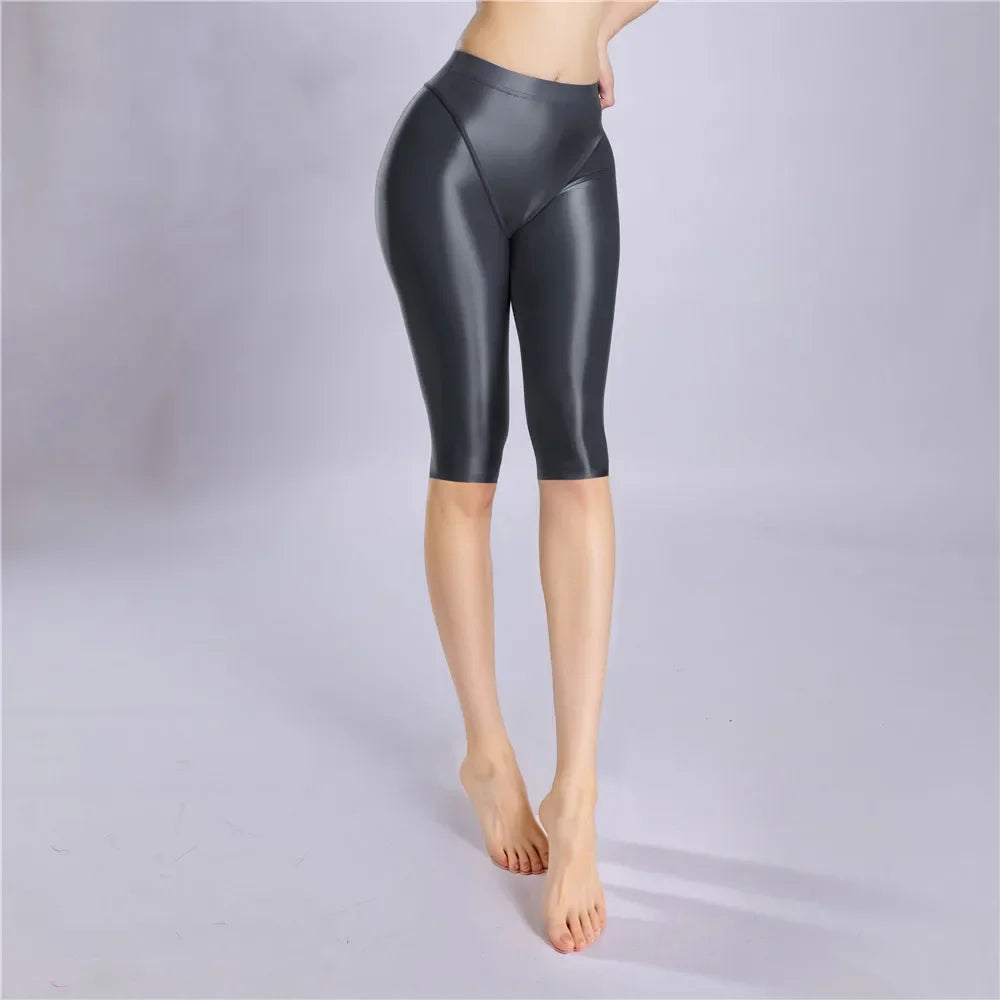 Women's Oil Glossy Sheer High-Waist Shaping Shorts Satin Smooth Leggings